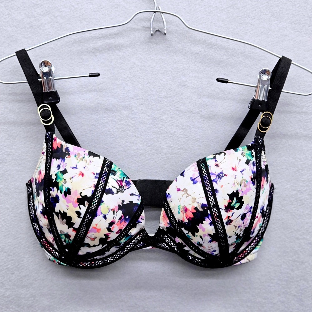 Victoria's Secret Very Sexy Floral Fishnet Trim Push-Up Bra Black Multi 34DD EUC